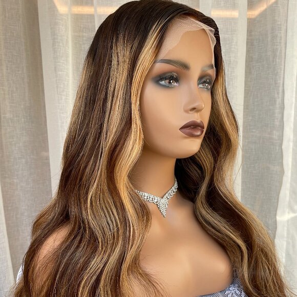 Brown Highlight Wavy Lace Front Wig Virgin Human Hair Custom Color Wig